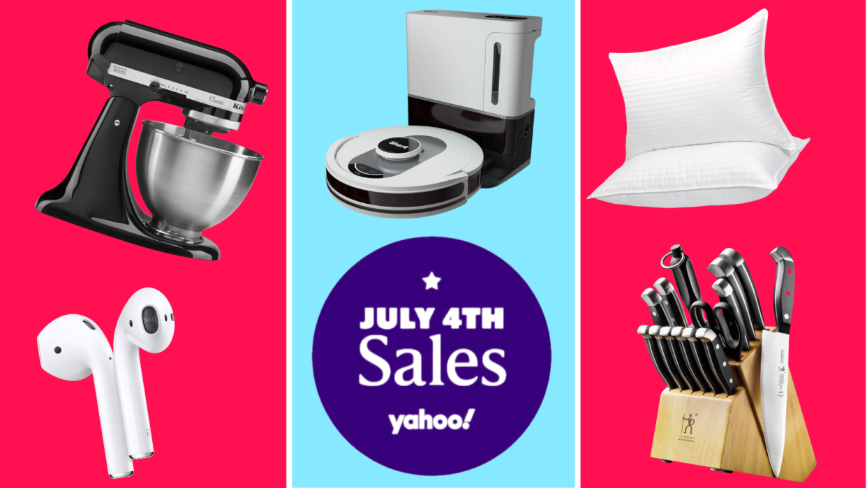 Apple AirPods, KitchenAid stand mixer, Shark robot vacuum, pillows, knife set and a purple circle that reads: July 4th Sales Yahoo!