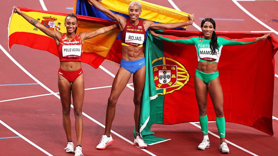 Ana Peleteiro, Yulimar Rojas and Patricia Mamona, pictured here after the triple jump final at the Olympics.