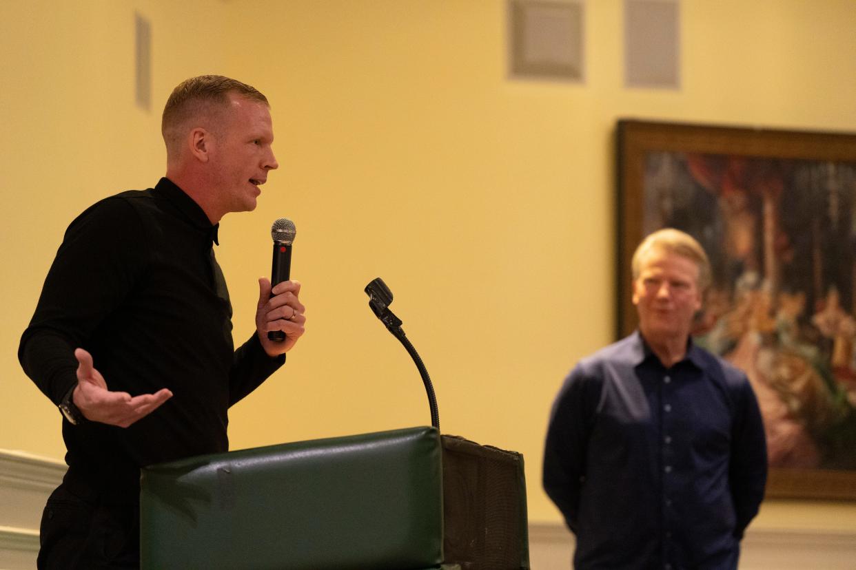 Chris Simms speaks during the 2023 Bergen County Coaches Association/Bergen County Women Coaches Association Symposium at The Brick House in Wyckoff on Wednesday, March 8, 2023. 