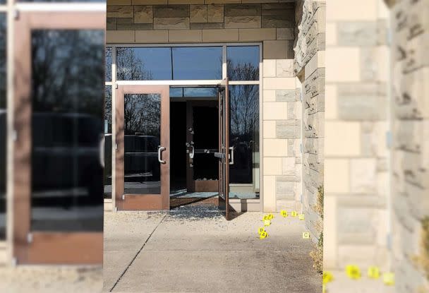 PHOTO: The suspect entered the Covenant building after allegedly shooting out the glass of these doors. (Metro Nashville Police Department)