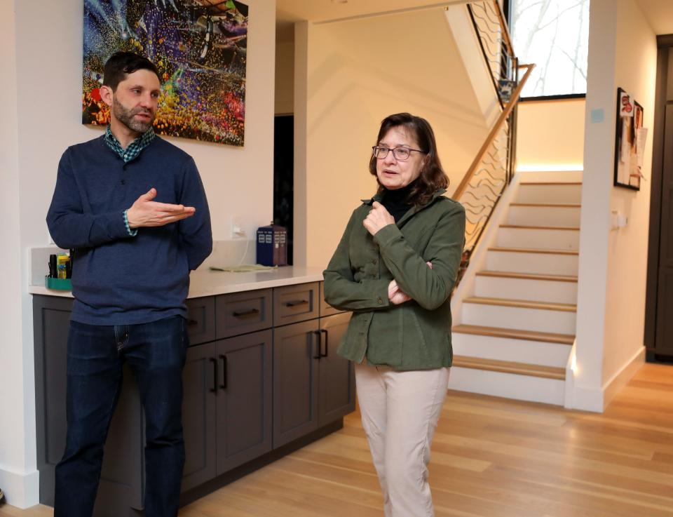 Dan Colombini, left, a New York City based engineer designed his own home as the first LEED Platinum-certified passive house. He is pictured in the home in Ossining Feb. 2, 2024, with architect Christina Griffin with CGA Studio Architects.