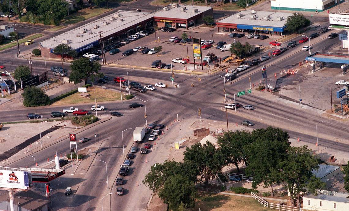 Aug. 1, 2000: An aerial view looking northeast, with Camp Bowie Boulevard in the foreground and (clockwise) West Seventh Street, Bailey Avenue, University Drive, West Seventh and University Drive. A Blockbuster Video is seen in the storefront where Chipotle is today. This photo predates the nearby Modern Art Museum of Fort Worth, which opened in 2002.