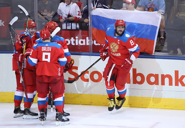 TORONTO, ON - SEPTEMBER 22: Alex Ovechkin #8 of Team Russia celebrates a second period goal by Vladimir Tarasenko #91 against Team Finland during the World Cup of Hockey tournament at the Air Canada Centre on September 22, 2016 in Toronto, Canada. (Photo by Tom Szczerbowski/Getty Images)