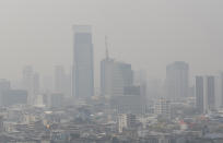 A thick layer of smog covers central Bangkok, Thailand, Monday, Jan. 20, 2020. Thick haze blanketed the Thai capital on Monday sending air pollution levels soaring to 89 micrograms per cubic meter of PM2.5 particles in some areas, according to the Pollution Control Department. (AP Photo/Sakchai Lalit)