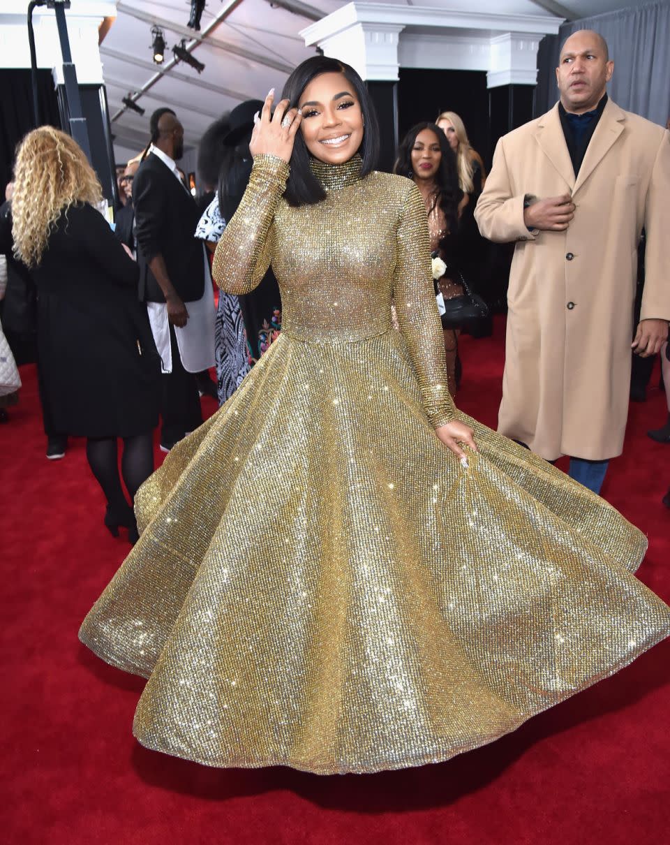 Ashanti presumably thought she was safe from a nip slip in her long gown. Source: Getty