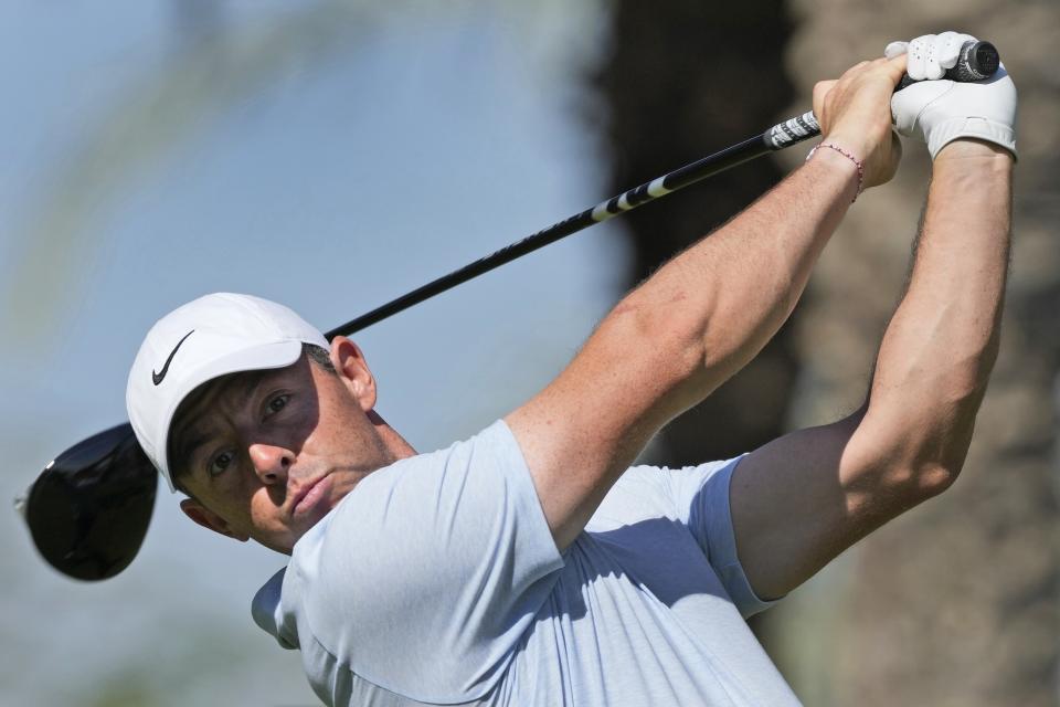 Rory McIlroy of Northern Ireland tees off on the 7th hole during the second round of Dubai Invitational golf tournament, in Dubai, United Arab Emirates, Friday, Jan. 12, 2024. (AP Photo/Kamran Jebreili)