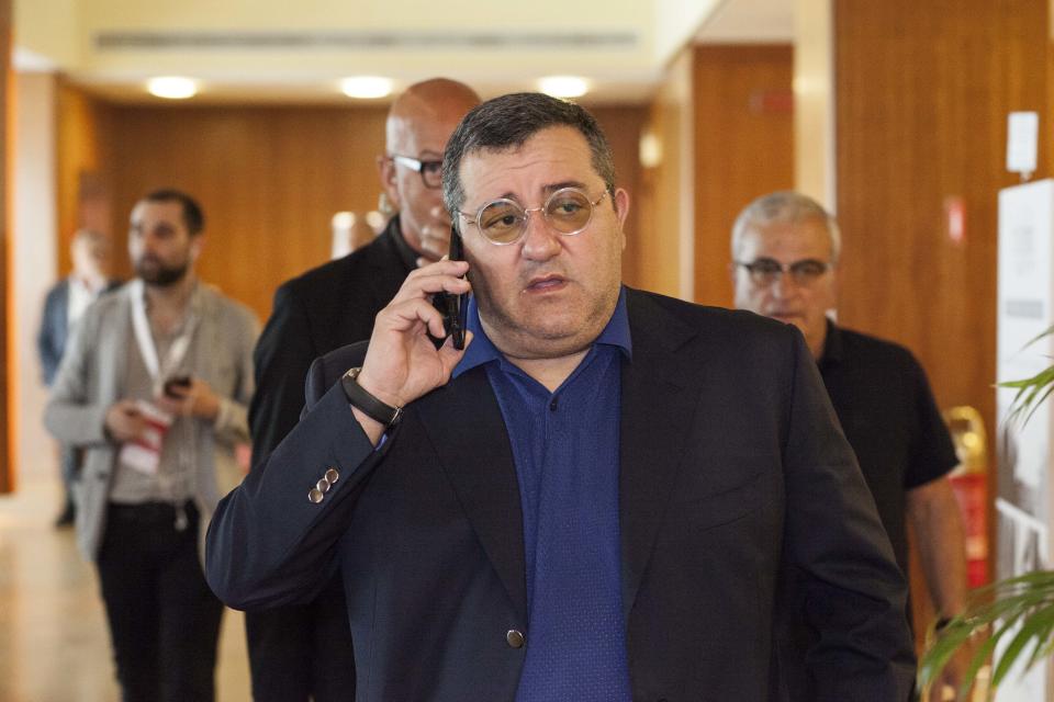 (EDITOR'S NOTE: FILE IMAGE) Soccer agent Mino Raiola has died at the age of 54 in an Italian hospital after battling illness, his family said in a statement on Saturday. -In this file image, Mino Raiola attorney Event International Award Football Leader 2018, location Hotel Royal Continetal in Naples, May 28,2018 (Photo by Paolo Manzo/NurPhoto via Getty Images)