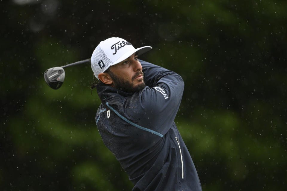 Max Homa hits off the 16th tee during the second round of the Wells Fargo Championship golf tournament, Friday, May 6, 2022, at TPC Potomac at Avenel Farm golf club in Potomac, Md. (AP Photo/Nick Wass)