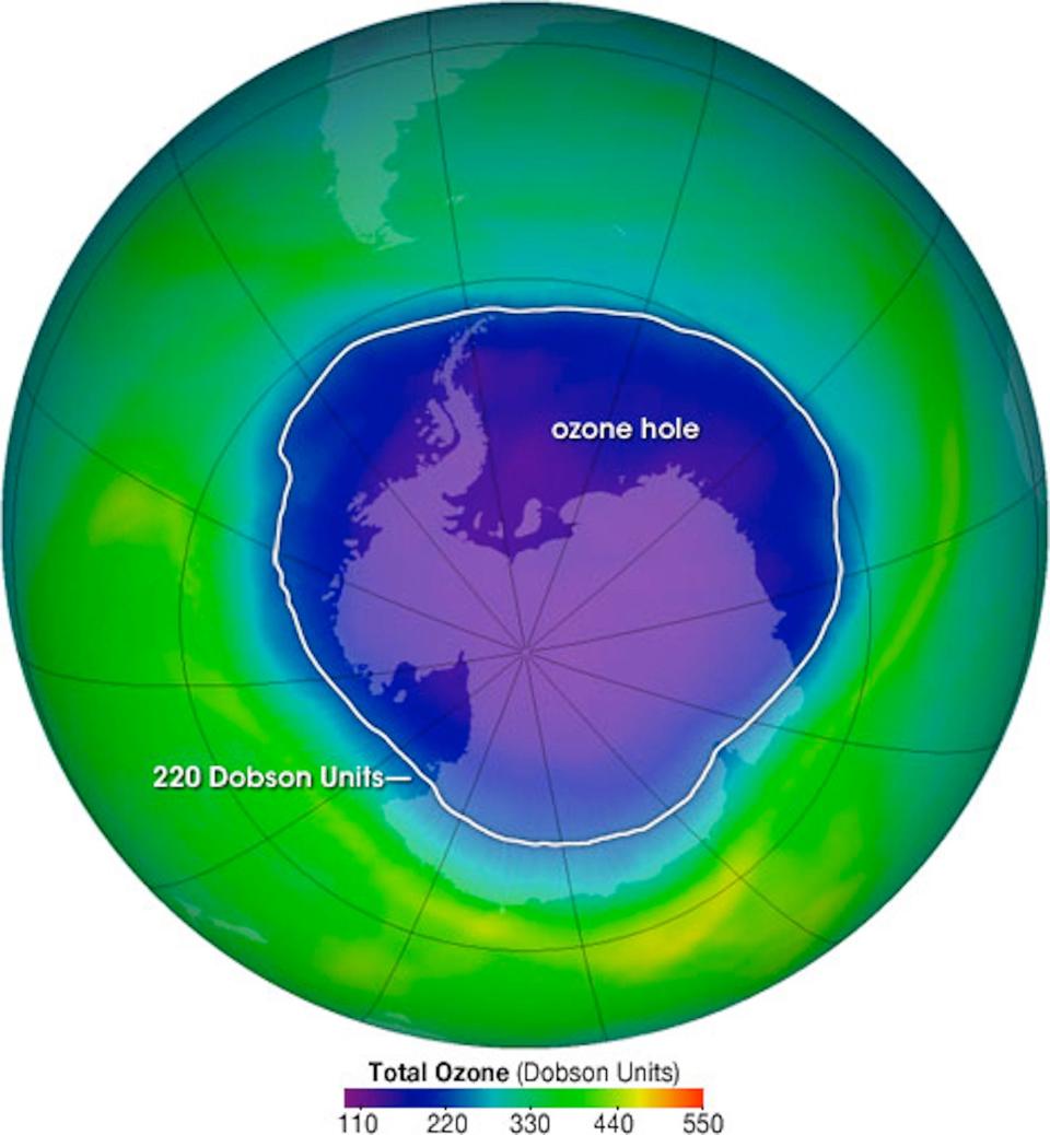 A picture shows a heat map of the ozone layer around the planet. A big hole is shown over a pole