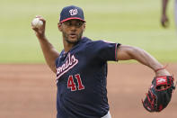 Washington Nationals starting pitcher Joe Ross (4 delivers in the first Inning of a baseball game against the Atlanta Braves, Monday, May 31, 2021, in Atlanta. (AP Photo/John Bazemore)