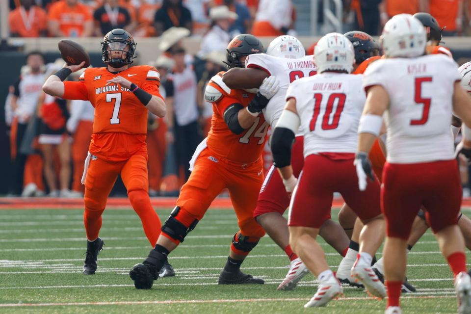 OSU quarterback Alan Bowman (7) throws pass during a 33-7 loss to South Alabama last Saturday at Boone Pickens Stadium in Stillwater.