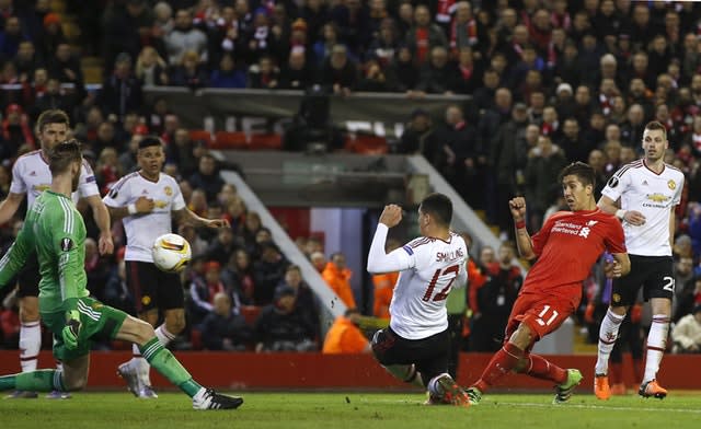 Roberto Firmino, second right, fires Liverpool towards victory over Manchester United in 2016