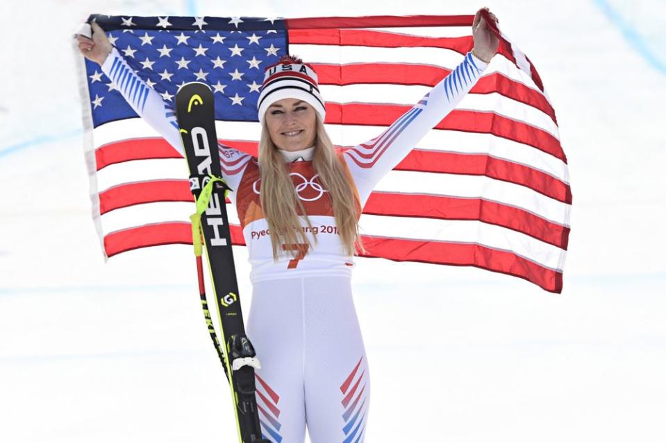 Lindsey Vonn celebrating after her bronze-medal win in the women's alpine downhill race at the 2018 Winter Olympics