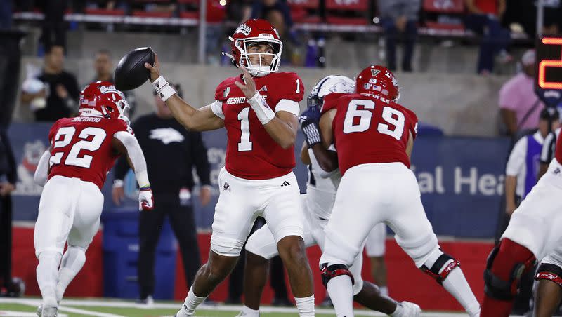 Fresno State QB Mikey Keene drops to pass against Nevada on Sept. 30, 2023. The Bulldogs snagged the former UCF quarterback out of the transfer portal.