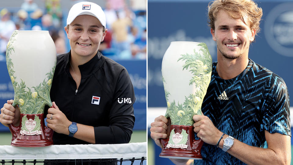 Ash Barty and Alexander Zverev, pictured here after winning the Cincinnati Masters titles.