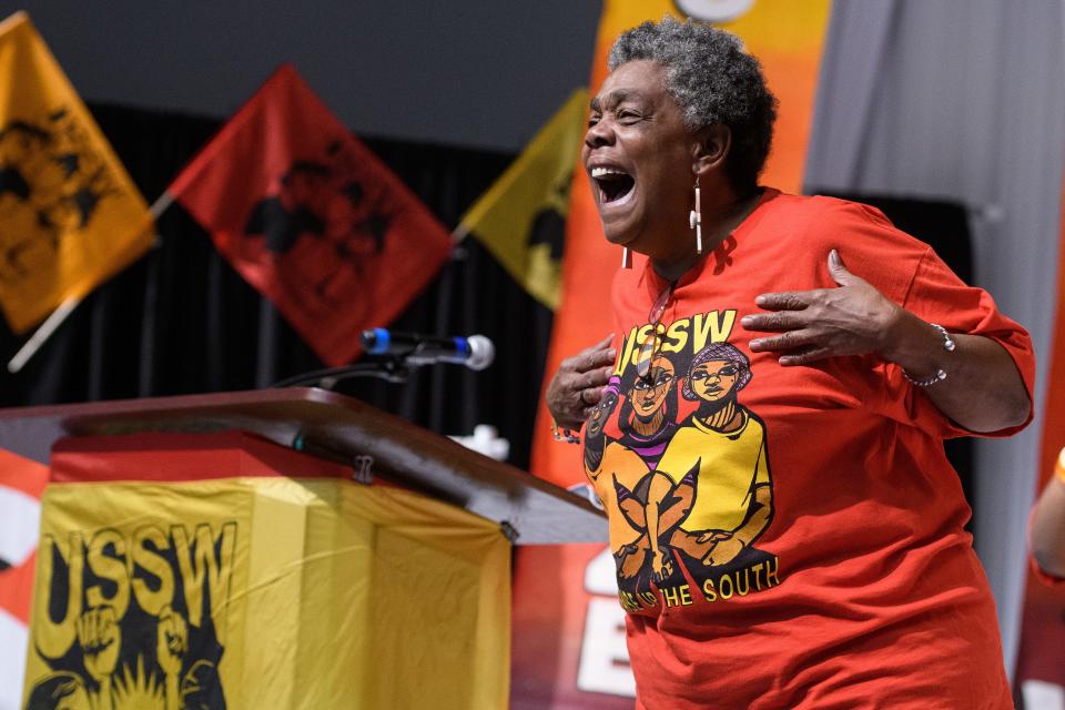 "Mama" Cookie Bradley speaks at a Union of Southern Service Workers event in Columbia, S.C., on Nov. 18, 2022.