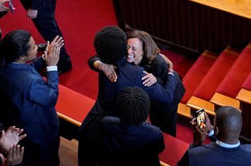 U.S. Vice President Kamala Harris hugs expelled Rep. Justin Pearson before an address at Fisk Memorial Chapel.