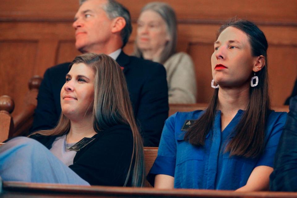 PHOTO: Abortion opponents Brittany Jones, left, and Lucrecia Nold, right, watch a state Senate session from the chamber's west gallery, April 30, 2024, at the Statehouse in Topeka, Kan.  (John Hanna/AP)