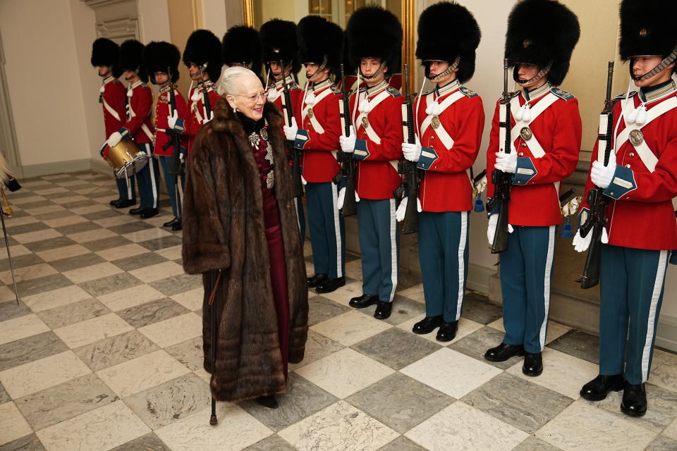 Denmark's Queen Margrethe arrives to the traditional New Year’s fete with officers from the Armed Forces, and the National Emergency Management Agency, as well as invited representatives of major national organizations and the royal patronage at Christiansborg Castle in Copenhagen, Denmark, Thursday Jan. 4, 2024. Europe's longest reigning monarch Queen Margrethe rode through Denmark’s capital Thursday in a gilded, horse-drawn coach as she concluded her last New Year celebrations before her abdication later this month. (Mads Claus Rasmussen/Ritzau Scanpix via AP)