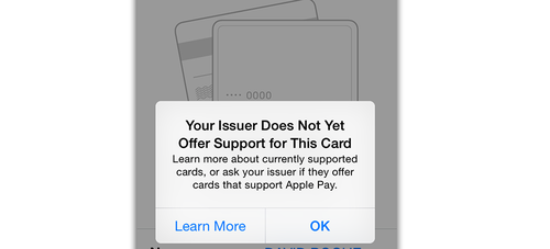 'Issuer Does Not Offer Support for this Card' screen on an iPhone