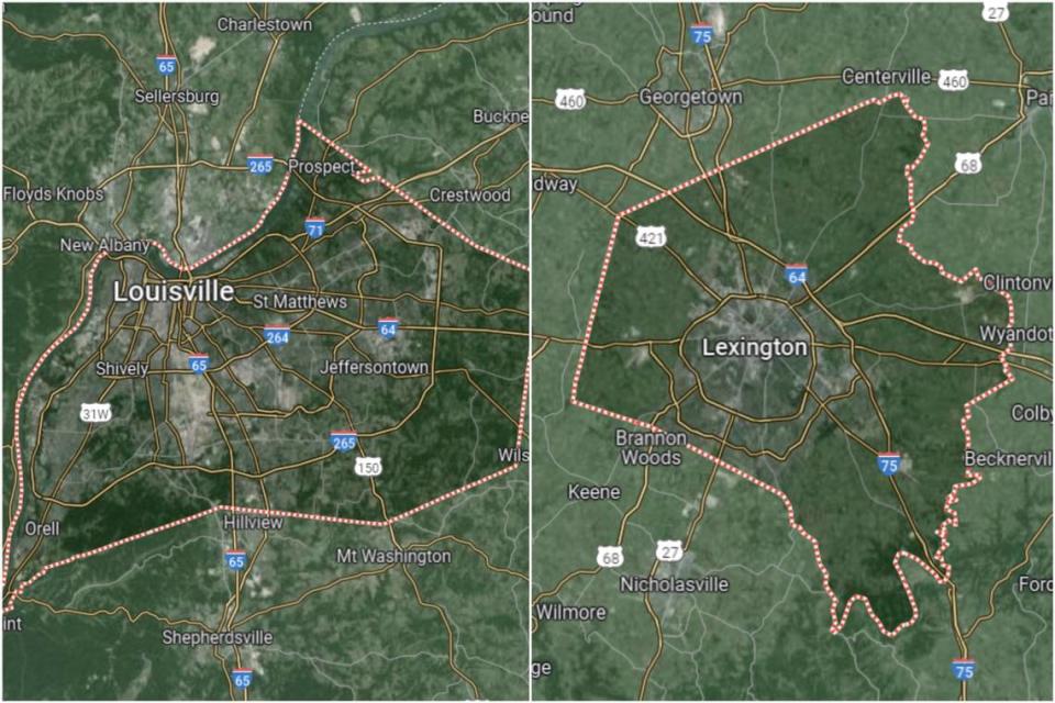 Google Maps satellite images of Jefferson County (left) and Fayette County (right). Less than a third of Fayette’s square mileage is included in its