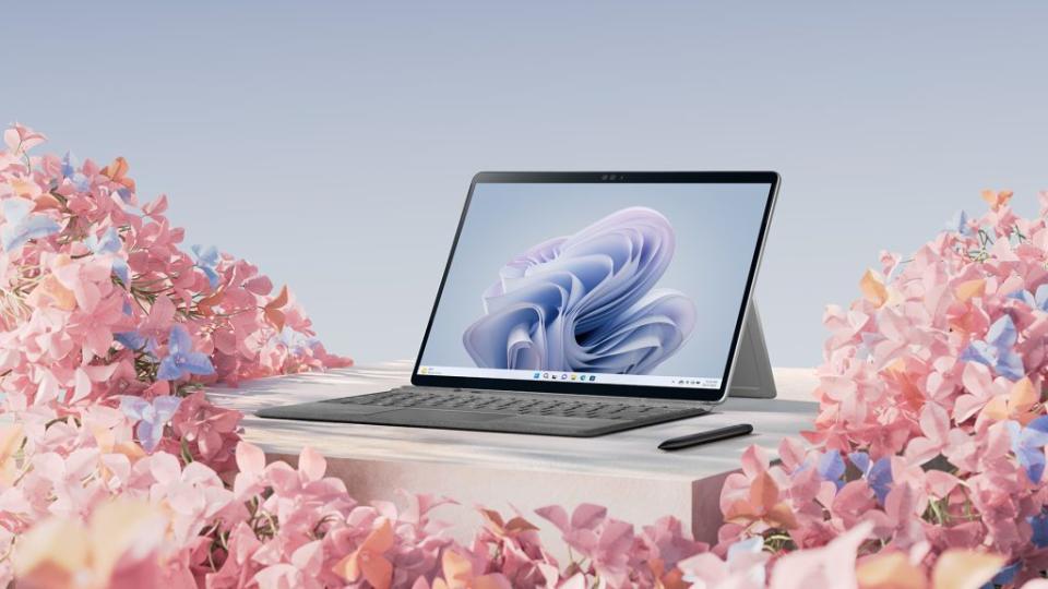 Surface Pro 9 on a desk with flowers