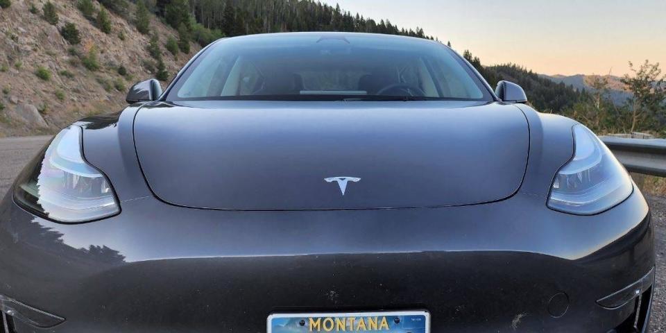The front of a Tesla.