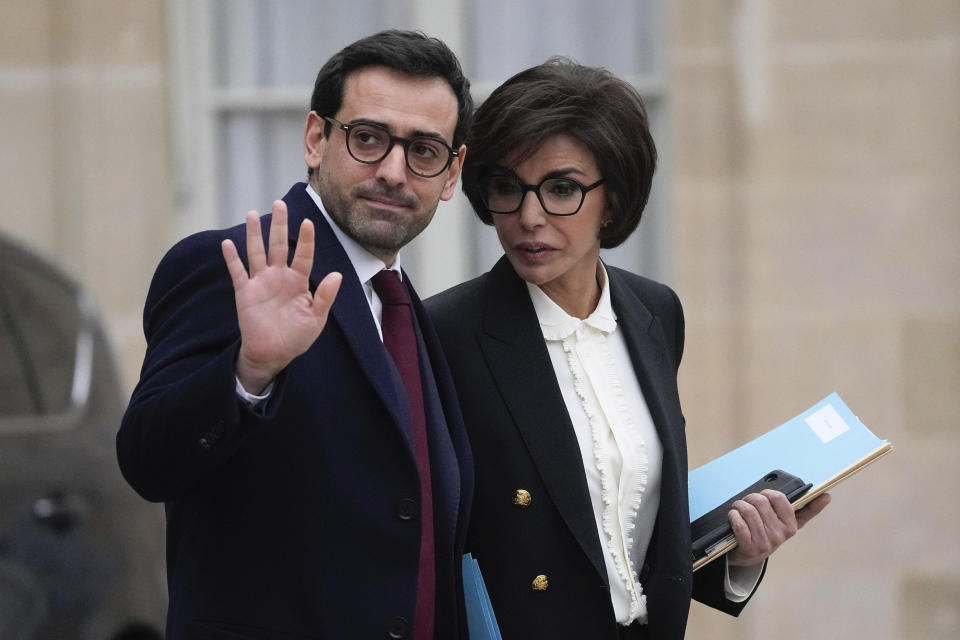 Newly appointed French Culture Minister Rachida Dati, right, and newly appointed French Foreign Minister Stephane Sejourne leave the weekly cabinet meeting, Friday, Jan. 12, 2024 at the Elysee Palace in Paris. (AP Photo/Michel Euler)