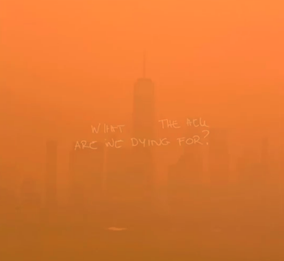 A barely visibly skyline due the smoke and haze with the words What The Hell Are We Dying For? written across the image