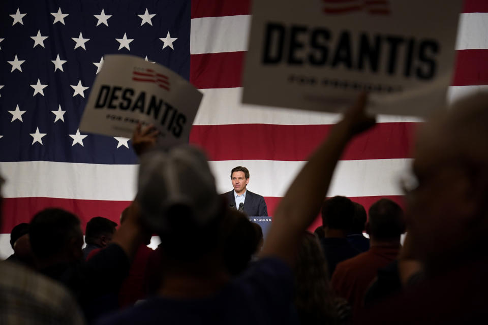 Republican presidential candidate Florida Gov. Ron DeSantis speaks during a campaign event, Tuesday, May 30, 2023, in Clive, Iowa. (AP Photo/Charlie Neibergall)