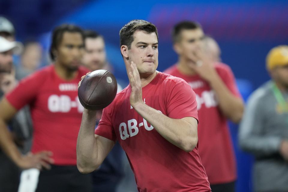 Stanford quarterback Tanner McKee runs a drill at the NFL football scouting combine in <a class="link " href="https://sports.yahoo.com/nfl/teams/indianapolis/" data-i13n="sec:content-canvas;subsec:anchor_text;elm:context_link" data-ylk="slk:Indianapolis;sec:content-canvas;subsec:anchor_text;elm:context_link;itc:0">Indianapolis</a>, Saturday, March 4, 2023. | Michael Conroy, Associated Press