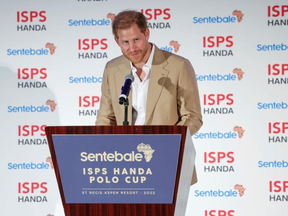Prince Harry speaks at the Sentebale charity polo match.