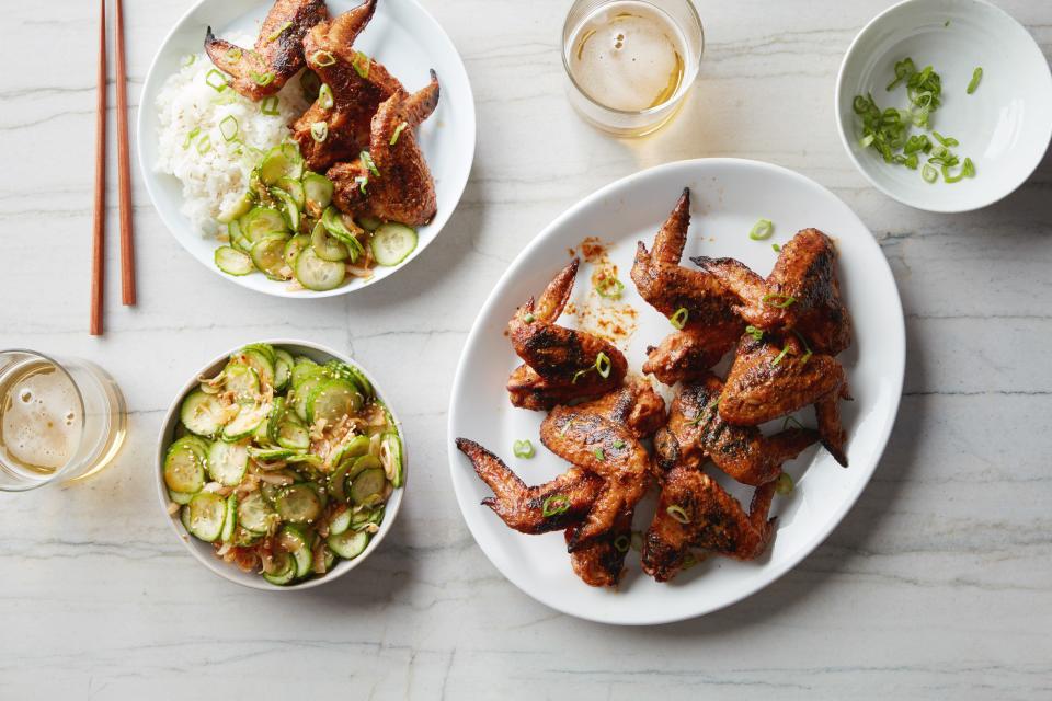 Korean-Inspired Grilled Wings With Cucumber-Kimchi Salad