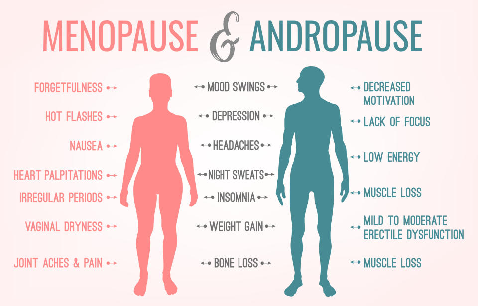 Menopause and andropause. Men and women sexual health. Main symptoms and causes. Beautiful vector illustration. Medical infographic useful for an educational poster graphic design.