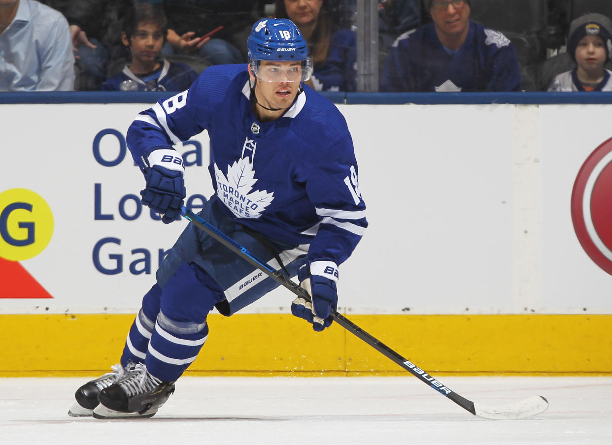 TORONTO, ON - FEBRUARY 11:  Andreas Johnsson #18 of the Toronto Maple Leafs skates against the Arizona Coyotes during an NHL game at Scotiabank Arena on February 11, 2020 in Toronto, Ontario, Canada. The Maple Leafs defeated the Coyotes 3-2 in overtime. (Photo by Claus Andersen/Getty Images)