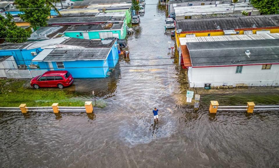 Aerial view of floods affecting West 29th Street and 14th Avenue in Hialeah as torrential downpours inundate South Florida due to a disturbance off Florida’s coast on Thursday, November 16, 2023. Pedro Portal/pportal@miamiherald.com