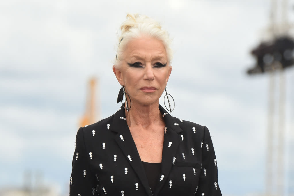 Dame Helen Mirren rocked a wide flicked eyeliner at the L'Oreal show in Paris, yesterday. (Getty Images)