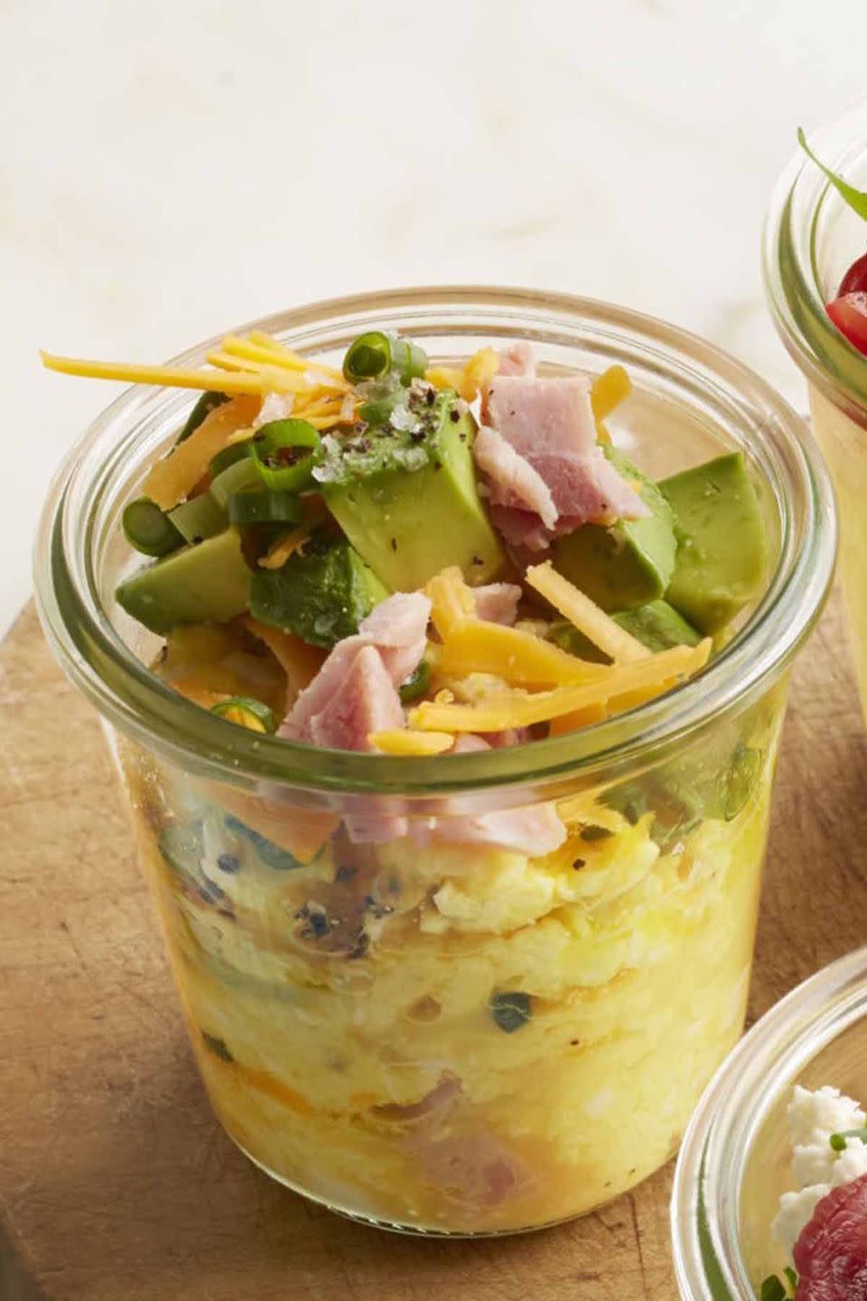 breakfast in bed cheddar pepper and avocado eggs in a jar