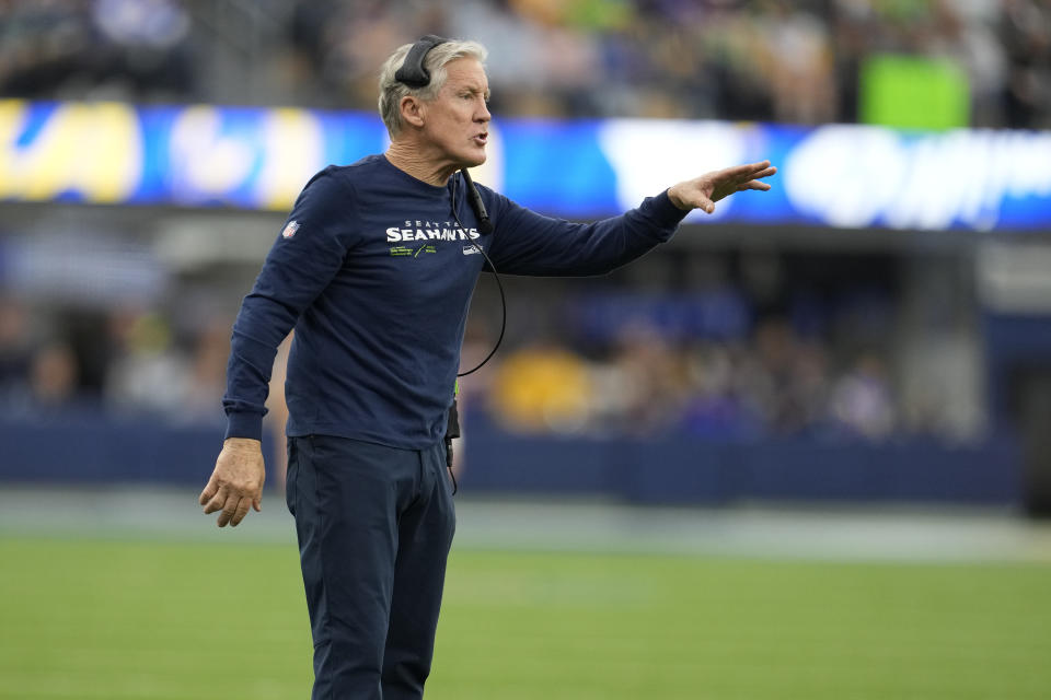 Seattle Seahawks head coach Pete Carroll watches from the sidelines during the second half of an NFL football game against the Los Angeles Rams Sunday, Dec. 4, 2022, in Inglewood, Calif. (AP Photo/Marcio Jose Sanchez)