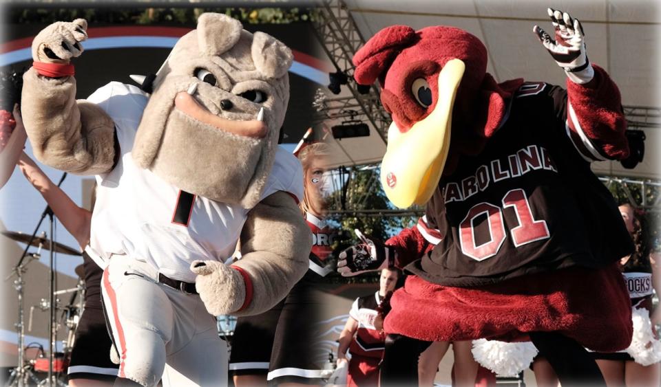 Hairy Dawg and Cocky cheer with their respective fans at the 2019 Border Bash at SRP Park in North Augusta.