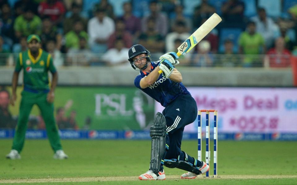 Jos Buttler of England hits out for six runs during the 4th One Day International between Pakistan and England at Dubai Cricket Stadium on November 20, 2015 in Dubai, United Arab Emirates - Getty Images Sport 