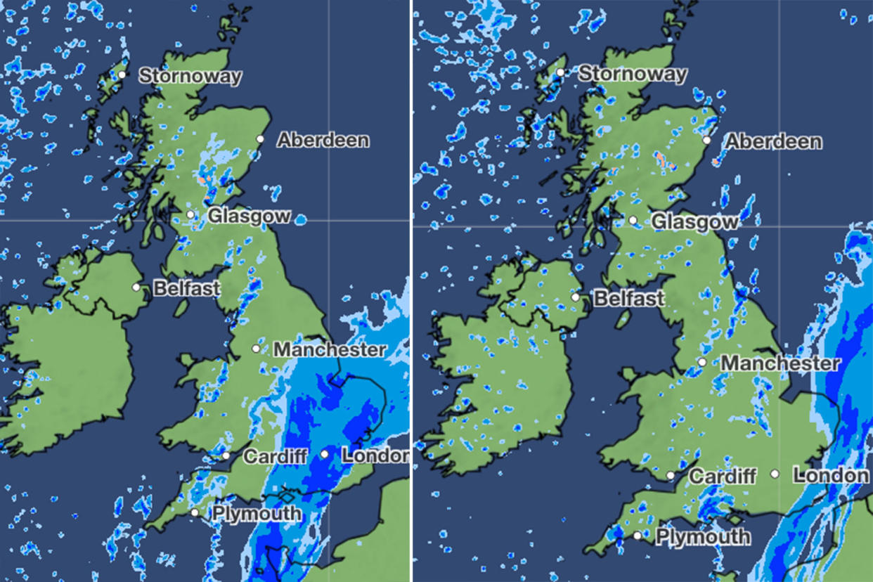 Predicted rainfall on Saturday at 10am (left) and 1pm. (Met Office)