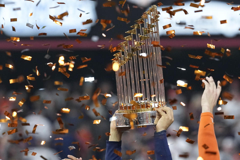 The Houston Astros celebrate their 4-1 World Series win against the Philadelphia Phillies in Game 6 on Saturday, Nov. 5, 2022, in Houston. (AP Photo/Tony Gutierrez)