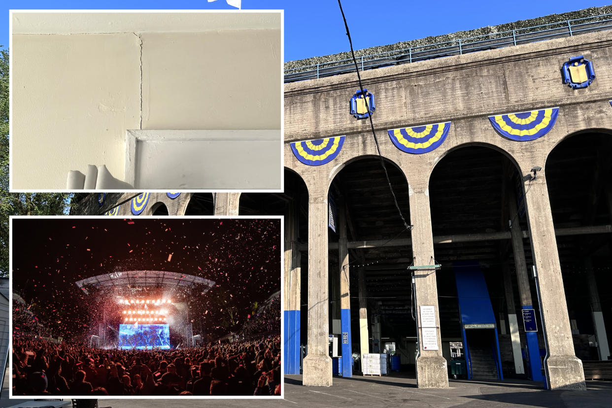 composite image: upper left cracks in a wall residents said were caused by the concerts; lower left one of the shows; right the entrance to forest hills stadium