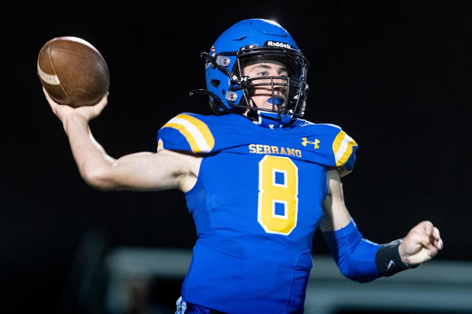 Serrano’s JJ Kavanaugh throws a pass against Apple Valley on Thursday, Sept. 29, 2022. Kavanaugh, a sophomore, filled in for injured Payton Cornell.