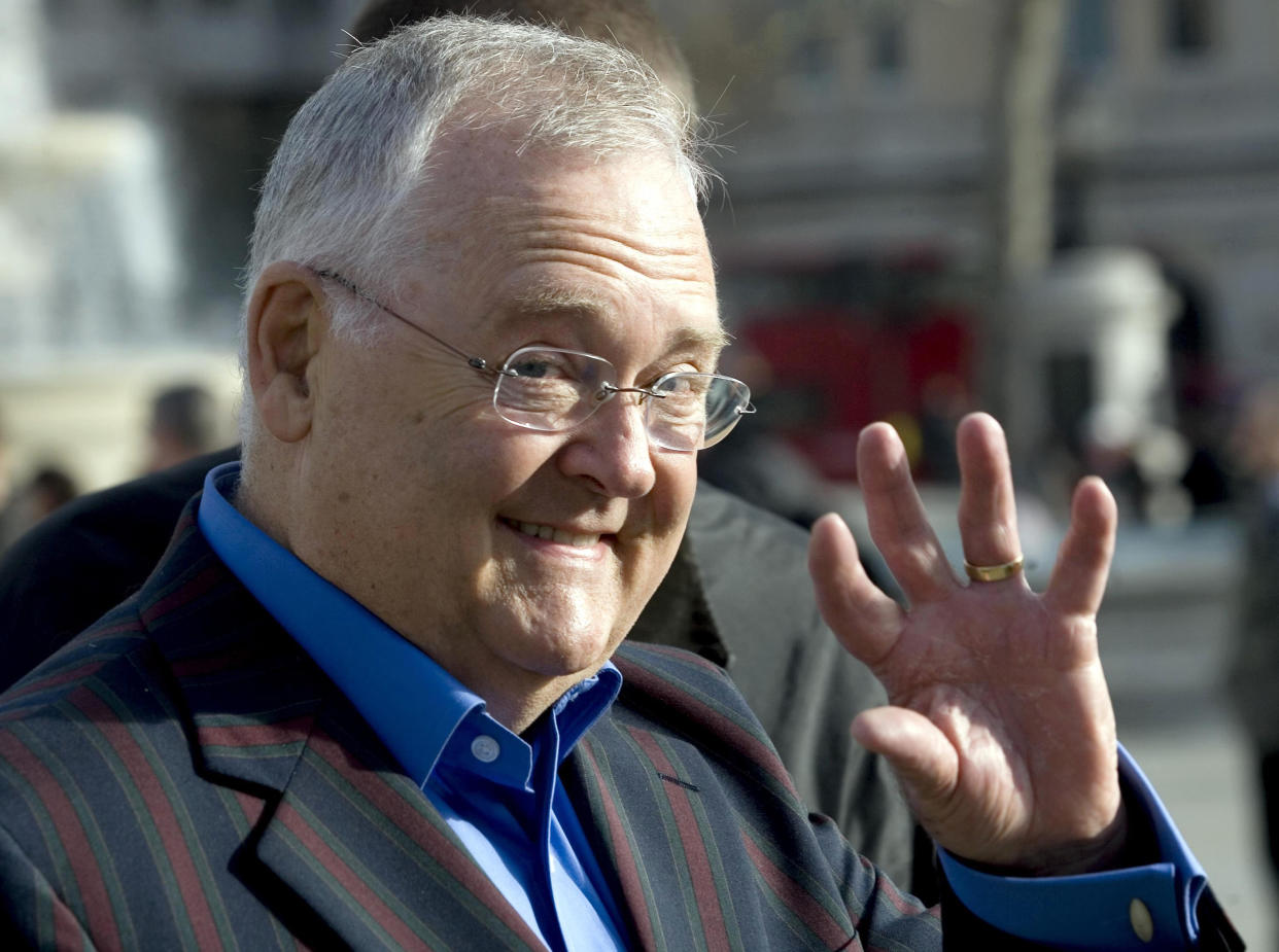 Ian Smith (Harold Bishop) arrives to join hundreds of brass band musicians from around the UK in performing the theme tune of Australian soap Neighbours to celebrate its imminent arrival on Five TV, Trafalgar Square, central London.   (Photo by Anthony Devlin - PA Images/PA Images via Getty Images)