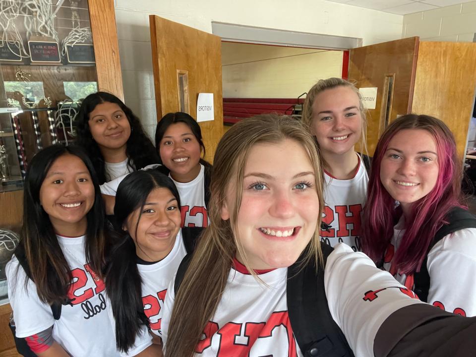 Collinsville High School senior Sophie Wills of the class of 2023 takes a selfie with her teammates on the varsity volleyball team in Collinsville, Alabama.