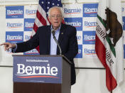 Democratic presidential candidate Sen. Bernie Sanders, I-Vt., speaks at a campaign event at Valley High School in Santa Ana, Calif., Friday, Feb. 21, 2020. (AP Photo/Damian Dovarganes)