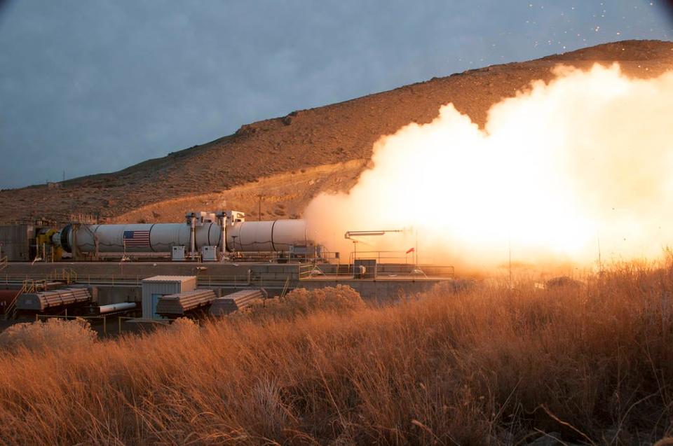 Space Launch System (SLS) rocket booster fired up in a ground test in March, 2015.