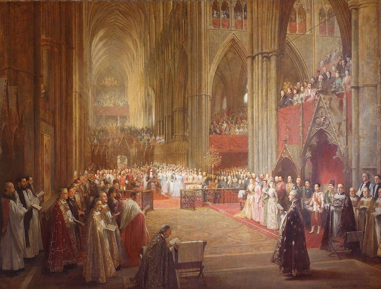 A painting of Queen Victoria in Westminster Abbey.